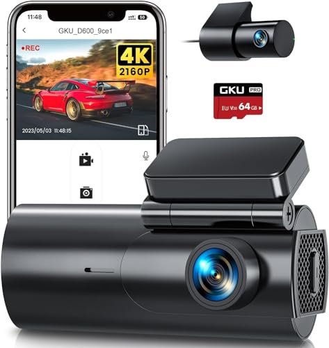 GKU 4K Dash Cam Front and Rear 5GHz WiFi Dashcam with 64GB SD Card Dual Car Camera Dash Cam with Parking Monitor