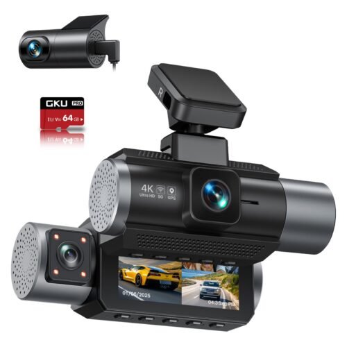 GKU Dash Cam Car Front Rear 3 Channel 4K