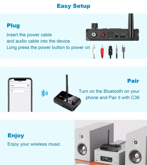 KAIY Bluetooth 5.3 Receiver for Home Stereo Low Latency HD Music Audio Bluetooth to RCA Adapter for Speakers